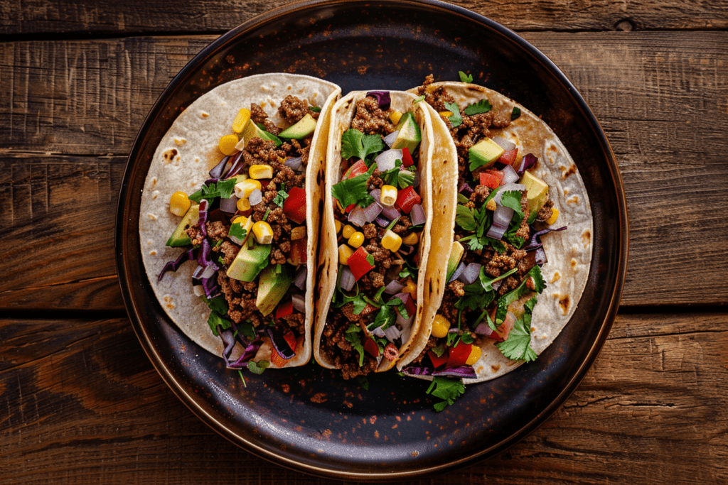 two tacos on a plate on a wooden table